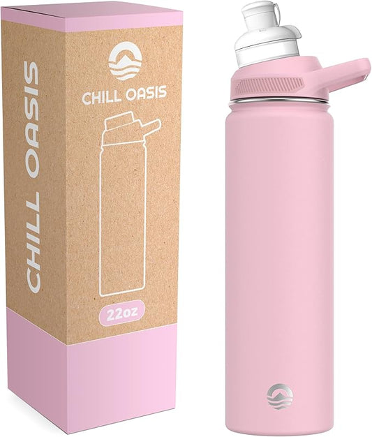 Chill Oasis Water Bottle | Compatible With Popular Flavor Cartridges | BPA Free, Leak Proof, Double-Walled Vacuum Insulated Stainless Steel, and Dishwasher Safe | Cold for 24 Hours (Pink, 22oz)