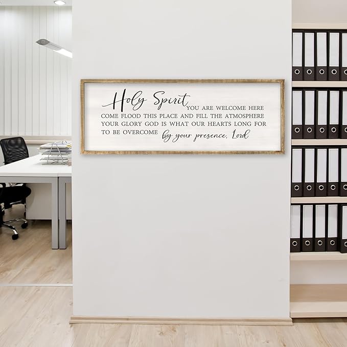 Holy Spirit You are Welcome Here Wall Decor Art 32x12 Inch Large Christian Song Bible Verse Plaque Wood Framed Sign Living Room Scripture Quote Religious For Office Wall Hanging (Wood)