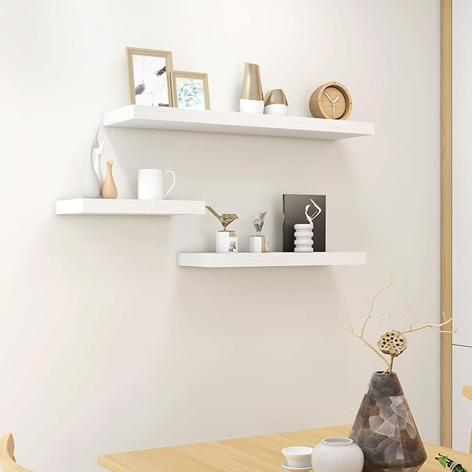 Fun Memories Deep Floating Shelves - 16" W x 9" D x 1.6" H Rustic White Wall Shelf - Wall Mounted Shelves for Storage - Wooden Shelves with Invisible Brackets for Living Room, Farmhouse - Set of 2
