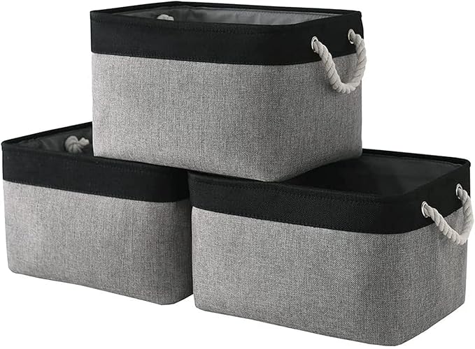 Organization and Storage Bins for Shelves - 16x12x8 inch Large 3 Pack Fabric Storage Cubes Collapsible Baskets for Shelves with Rope, Storage Basket for Organizing Cloth Laundry (Black & Grey)