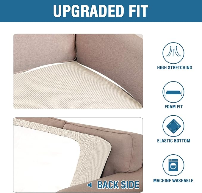 H.VERSAILTEX Super Stretch Individual Seat Cushion Covers Sofa Covers Couch Cushion Covers Slipcover Sets Thick Jacquard Textured Twill Fabric (1 Piece Loveseat Cushion Cover, Natural)