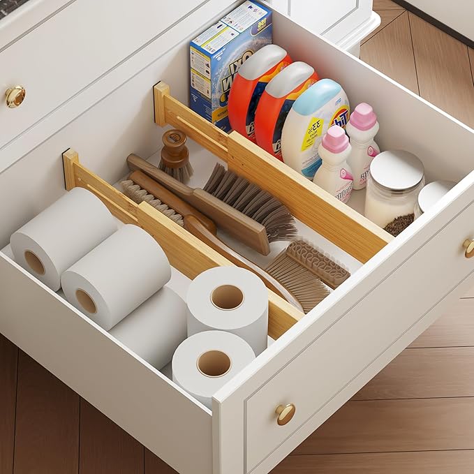 BAMEOS 4 pcs 3" High Bamboo Drawer Dividers Adjustable Drawer Organizer Expandable Drawer Organization Utensil Organizers for Kitchen Dresser Bathroom Bedroom and Office