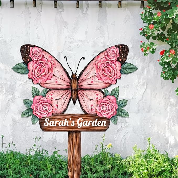 Personalized Butterfly Metal Sign with Stake,Custom Gardener Last Name Signs Outdoor Decorate,Customized Garden Accessories Decor for Mother's Day,Rose Flowers Plaques for Patio Lawn Porch Backyard
