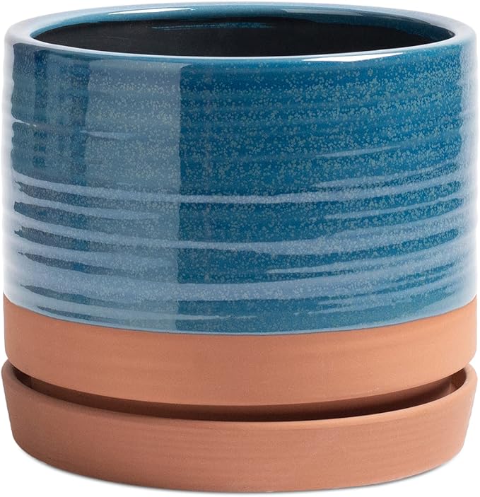 8 Inch Pots for Plants, Ceramic Planter Pot with Drainage Hole & Saucer, Indoor/Outdoor Cylinder Round Planter Pot, Blue & Terracotta