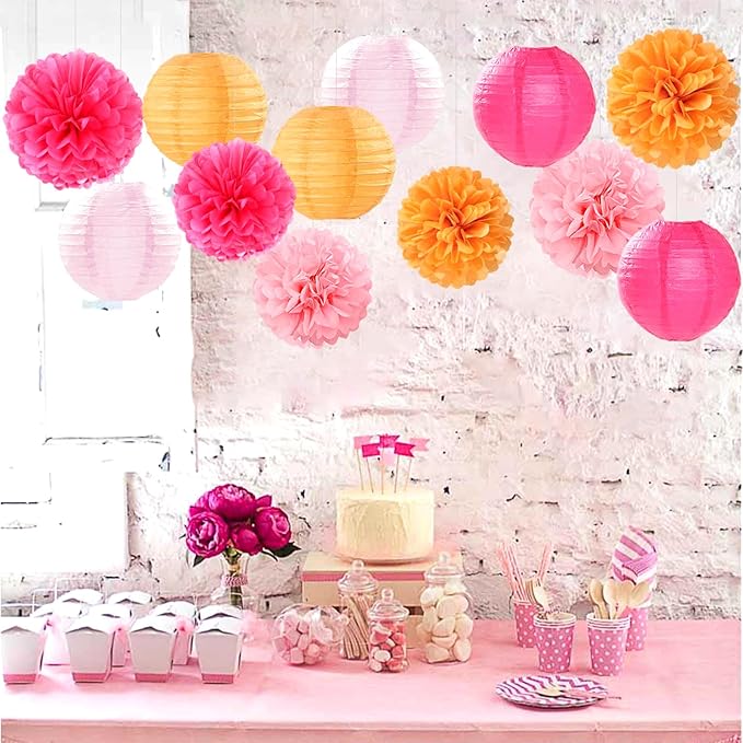 Pink-Orange Party-Decorations Paper-Flowers Lanterns - 15PCS Fall Wedding Birthday Tissue Pom Poms Streamers, Boho Baby Bridal Shower Graduation Sunset Hanging Supplies Decor Hugfond