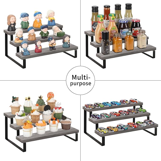 YINMIT Wooden Display Riser Stand, Tiered Perfume and Cologne Organizer Stand, 3 Tier Spice Rack Organizer, Rustic Display Shelf for Candles (3 Tier,2Pack,Grey)