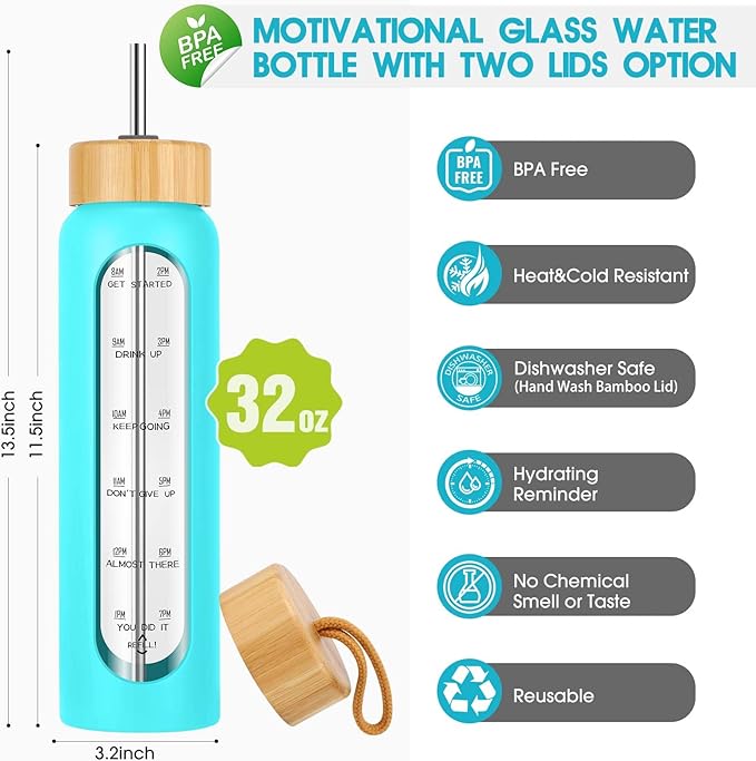 32 oz Glass Water Bottle with Straw - Motivational Time Marker & Silicone Sleeve - Reusable Tumbler Includes 2 Bamboo Lids & Fruit Infuser - 1 Pack