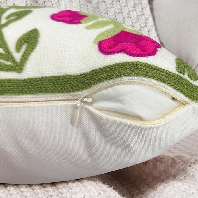 Alysheer Floral Embroidered Summer Decorative Throw Pillow Covers 20"x 20" Set of 2, Farmhouse Cottage Hot Pink Flowers Green Leaves Knit Pattern Cotton Canvas Cushion Case for Couch Bed Living Room