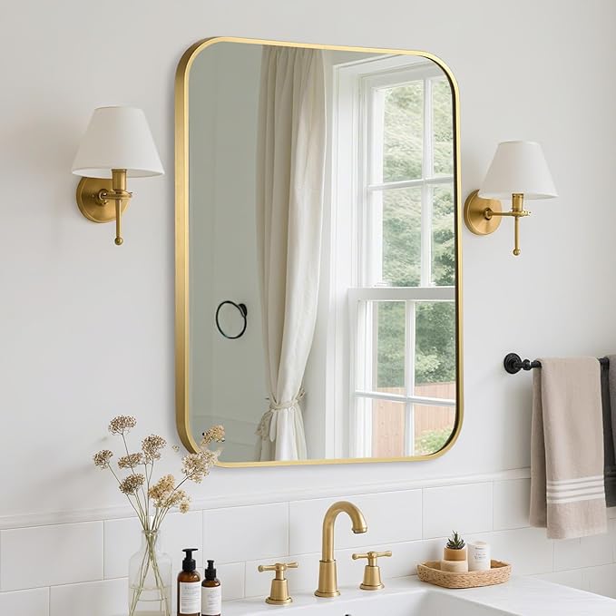 FARMER 16x20 Inch Gold Bathroom Mirror, Rectangle Vanity Mirror, Brushed Mirrors for Wall, Metal Frame Hanging Mirror with Round Corner for Bedrooms, Entryways, Living Rooms, Horizontal/Vertical