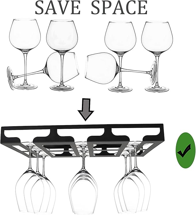 Wine Glass Rack - Under Cabinet Stemware Wine Glass Holder Glasses Storage Hanger Metal Hanging Organizer for Bar Kitchen 3 Rows Black