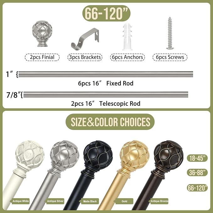 Silver Adjustable Curtain Rods for Windows:66-120 Inch Farmhouse Heavy Duty Curtain Rod for Bedroom Living Room,Boho Decorative Rustic Drapery Rods with Vintage Coastal Finial,Antique Silver