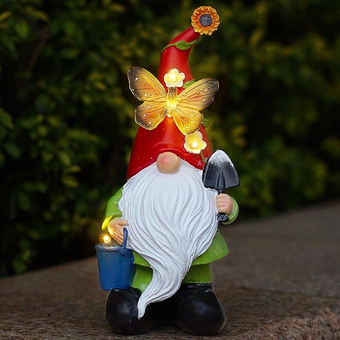 Gnomes Garden Statues Decor, Solar Waterproof Large Gnome with LED Lights Funny Garden Sculptures Outdoor Patio Yard Decorations Lawn Ornaments Gifts for Women Mom