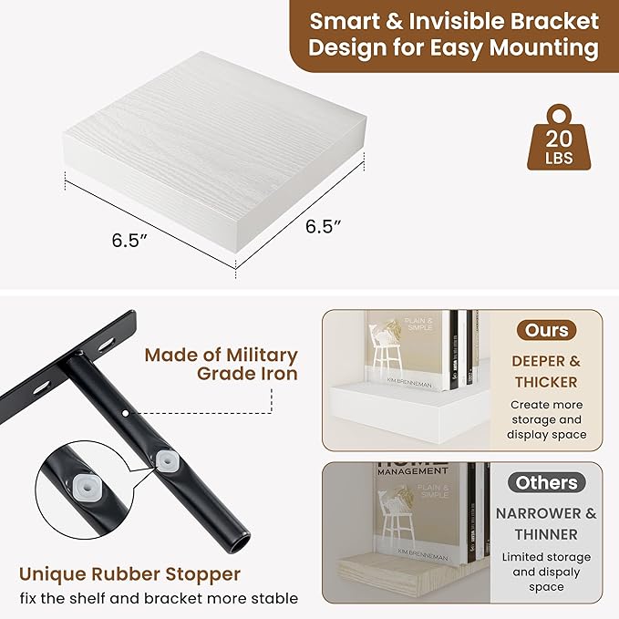 fuqing Floating Shelves for Wall, Bathroom Shelf Wall Mounted for Storage, Shelves with Invisible Bracket for Bedroom, Kitchen, Living Room, Farmhouse Small Book Shelf, 6.5 Inch Set of 3, White
