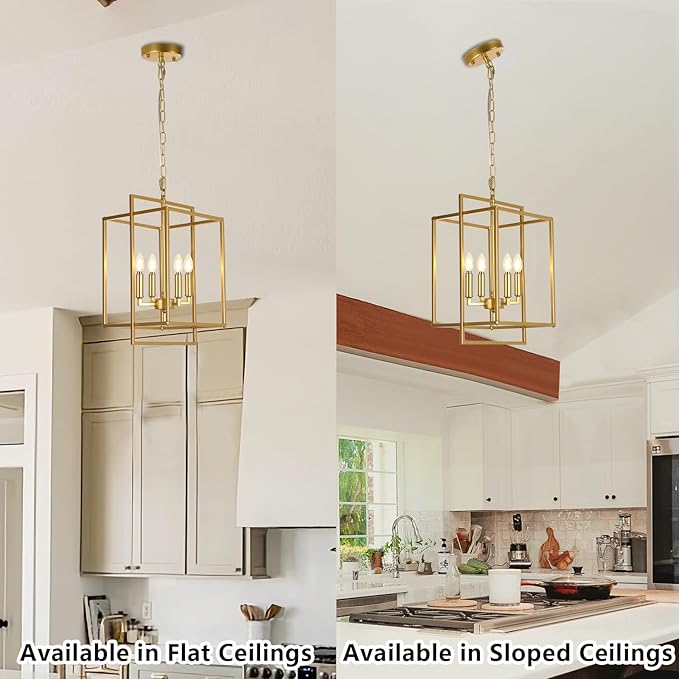 Farmhouse Gold Chandelier, 4-Light Vintage Chandeliers for Dining Room, Adjustable Modern Rustic Metal Hanging Pendant Light Fixture for Entryway Foyer Kitchen Island Hallway