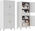 71 "Farmhouse Metal Filing Cabinet with a Drawer and 4 Adjustable Shelves, with 4 Large barn Door White Kitchen Cabinets, Metal Food Cabinets for Home, Kitchen, Dining/Living Room (White)