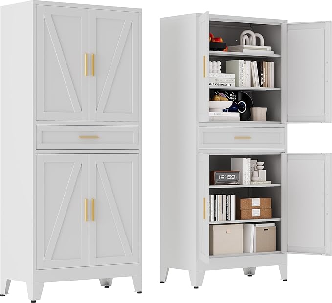 71 "Farmhouse Metal Filing Cabinet with a Drawer and 4 Adjustable Shelves, with 4 Large barn Door White Kitchen Cabinets, Metal Food Cabinets for Home, Kitchen, Dining/Living Room (White)