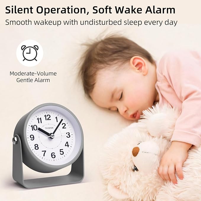 Analog Alarm Clock, Silent Non-Ticking Quartz Movement, Battery-Operated with Snooze & On-Demand Light, Easy to Set Gentle Wake Bedside Desk Clock, Ideal for Home, Travel, Office (Gray)