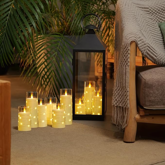 Homemory 9 Pcs Flameless Candles with Embedded Star String Fairy Lights, Battery Operated Candles, LED Candle, Fake Candles with Remote Control and Timer (Ivory)