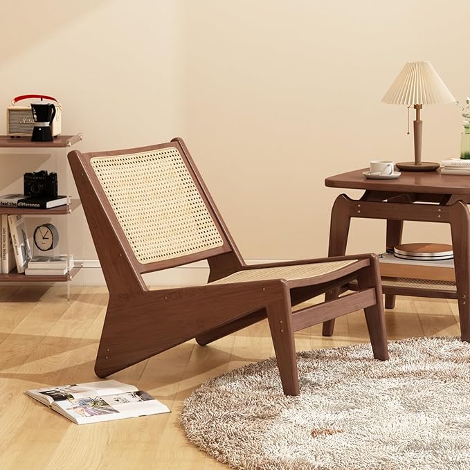 Mid-Century Accent Chair, Rattan Lounge Chair for Living Room, Boho Side Corner Comfy Chair for Bedroom and Balcony, Walnut