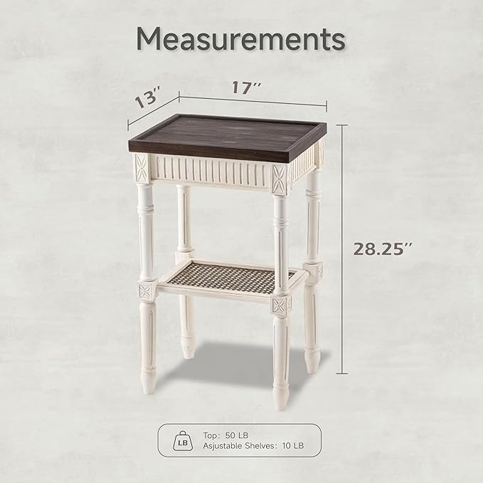 Rustic Farmhouse Cottagecore Accent End Table, Distressed Accent Side Table with Espresso Tray Top and Woven Wicker Shelf, Boho, French Country Decor, Square, Weathered Brown & White