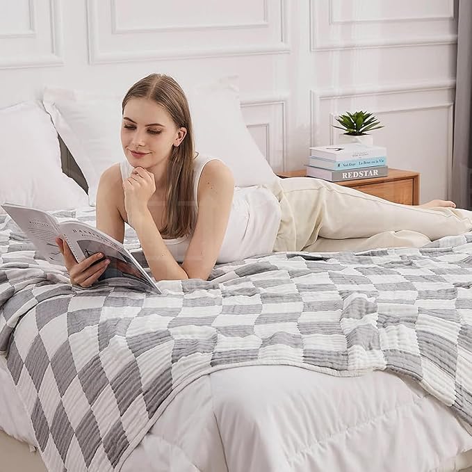 EMME Checkered Cotton Blanket Twin Large 60"x80" 100% Muslin for Couch Breathable Cooling Gauze All Season Soft and Lightweight Pre-Washed (Light Grey)