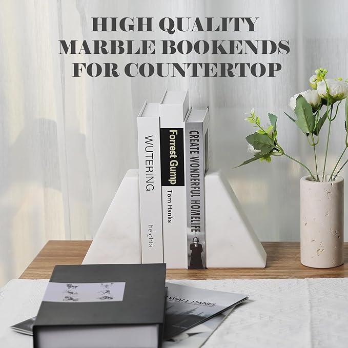 Marble Book Ends Decorative, Unique Bookends for Shelves, White Stone Bookends Holds Heavy Books, Weighted Book Holder Stopper for Home Office Desk Bookshelf Decoration, Set of 2