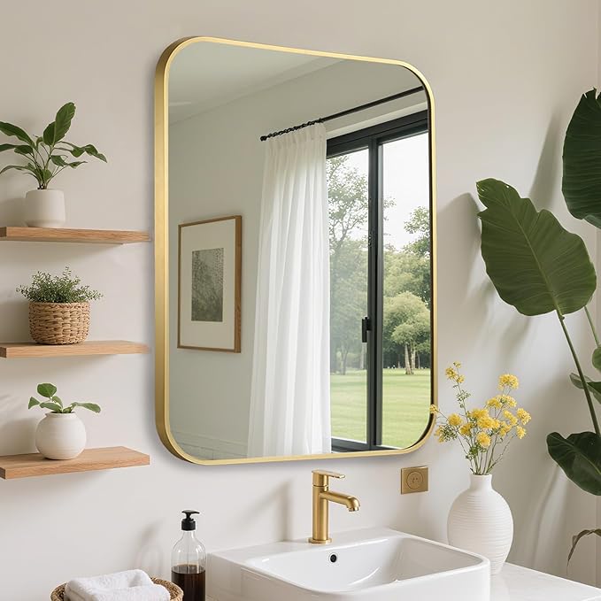 FARMER 22x30 Inch Gold Bathroom Mirror, Rectangle Vanity Mirror, Brushed Mirrors for Wall, Metal Frame Hanging Mirror with Round Corner for Bedrooms, Entryways, Living Rooms, Horizontal/Vertical
