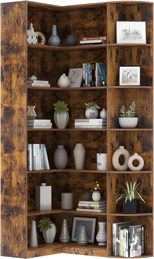 Loomie Bookshelves, 6 Tiers Shelf Large Tall Corner Etagere Bookcase with Full Baffle, L-Shaped Modern Storage Display Industrial Book Shelf for Bedroom, Home Office, Living Room & Kitchen, Rustic