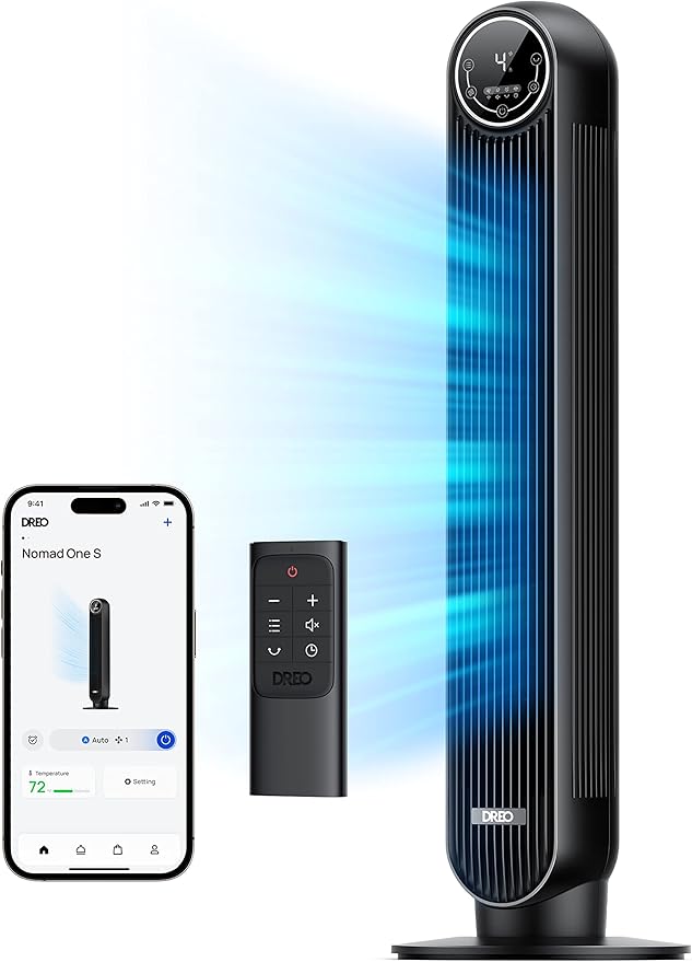 Dreo Tower Fan for Bedroom, Smart Oscillating Quiet Floor Fans, Standing Bladeless Fan with Remote and WiFi Voice Control, 4 Modes, 4 Speeds, 8H Timer, 28dB, Works with Alexa/Google
