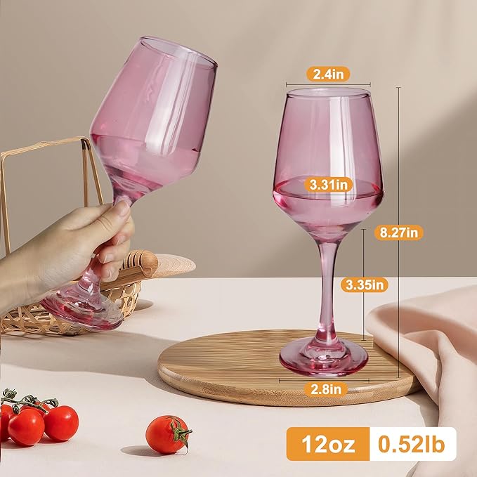 Colored Wine Glasses Set of 6-12oz Colorful Long Stem Wine Glass Cups, Multi Color Pretty Crystal Glassware, Hand Blown Goblets Drinkware, Unique Drinking Stemware Holiday Gift Set for Women