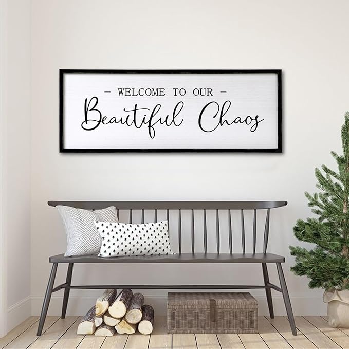 Welcome to Beautiful Chaos Framed Wall Art, 40''×15'' Rustic Horizontal Beautiful Chaos Plaque with Black Frame for Entryway Living Room, Farmhouse Long Welcome to our Chaos Wood Sign Wall Decor