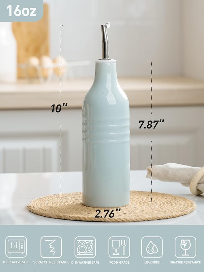 famiware Jupiter 16oz Ceramic Olive Oil Dispenser Bottle, 1 Piece Oil Dispenser for Kitchen with Stainless Steel Pourers, Suitable for Storage Vinegar, Soy Sauce, Coffee Syrup, Light Blue