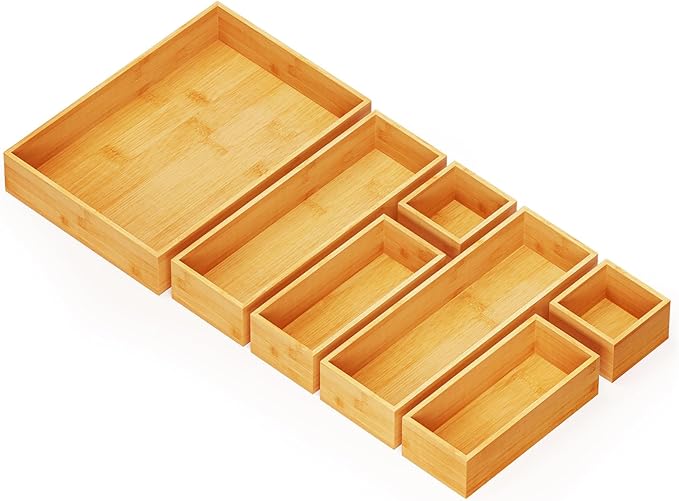 SpaceAid 7-Piece Bamboo Drawer Organizer Storage Boxes Set, Wood Tray Junk Drawer Organizers Multi-Use Divider Bins for Kitchen, Bathroom, Office Desk and Makeup Organization (7 Pack, Natural)