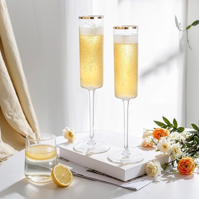 Ciaell 24 Pack Plastic Champagne Flutes - 6Oz Gold Rim Disposable Champagne Glasses - Square Clear Plastic Toasting Glasses for Party Birthday Anniversary Wedding