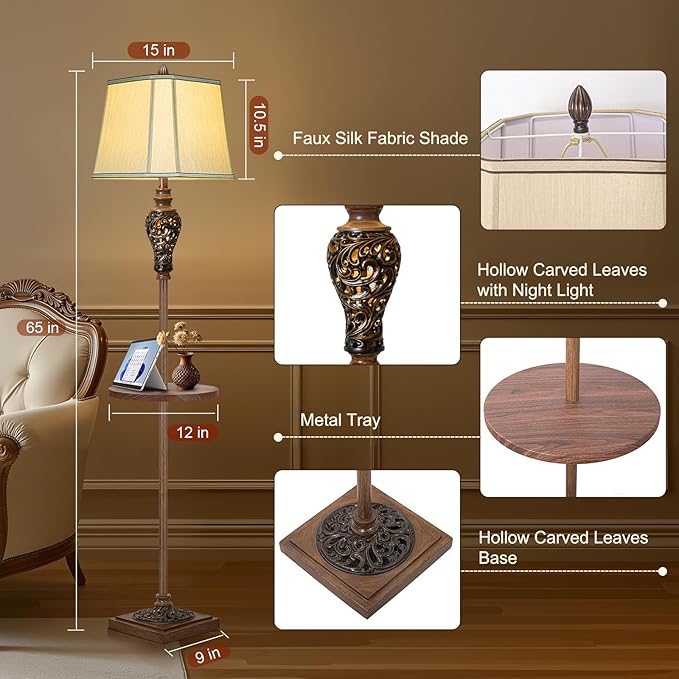 65" High Vintage Floor Lamp with Night Light and Glass Tray, Farmhouse Standing Lamp with Beige Faux Silk Shade, Retro Rustic Tall Lamp Decor for Living Room, Bedroom, Bedside, Corner (Bulb Included)