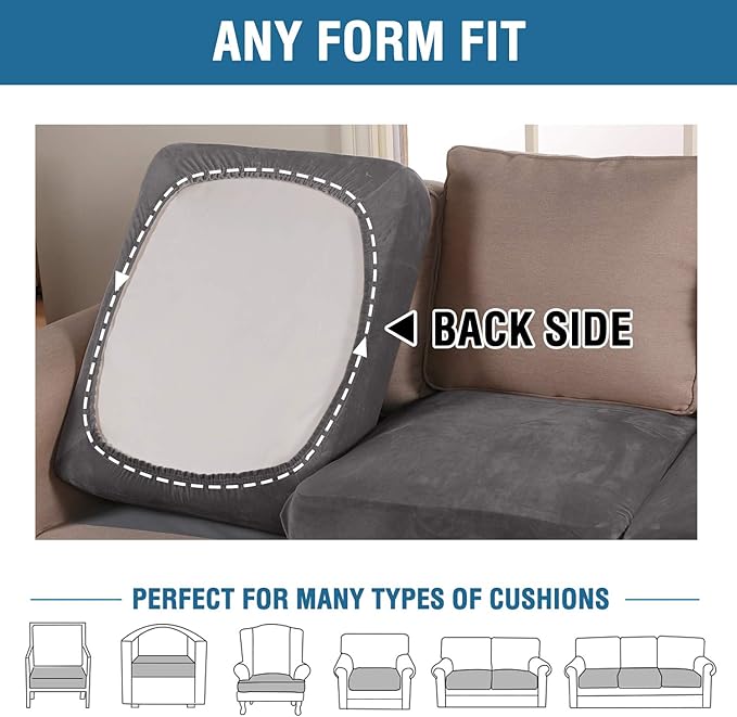 H.VERSAILTEX Velvet Stretch Couch Cushion Cover Plush Cushion Slipcover for Chair Loveseat Sofa Cushion Furniture Protector Seat Cushion Sofa Cover (2 Piece Large Sofa Cushion Covers, Grey)