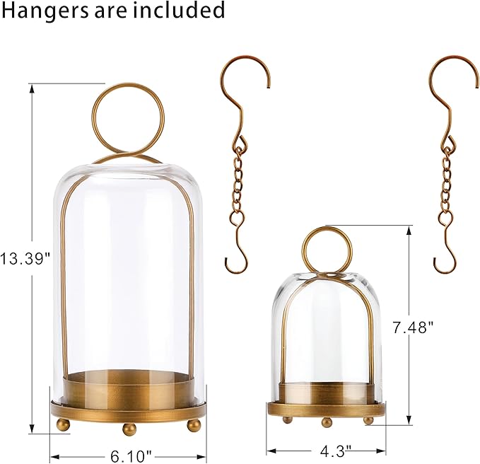 6" & 4" Versatile Modern Metal Hurricane Lantern in Set of 2 with Handmade Sturdy Glass Dome for Pillar Candle & Plants (Brass, 4"x7.5" &6.3"x11.2")