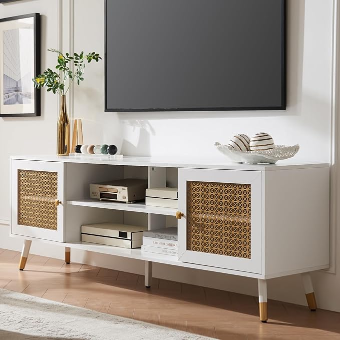 JYED Mid Century Modern TV Stand and Console for TVs Up to 75" - White Entertainment Center, 2 Gold Metal Mesh Doors & MDF Wood Grain, 15.8" D x 66" W x 23.5" H