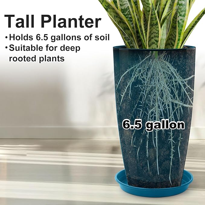 Tall Flower Pot Indoor - Outdoor Plant Pot - Turquoise Glossy Planter - Elegant Stone Imitation - 12" Diameter 21" Tall with Drainage Holes and Saucer
