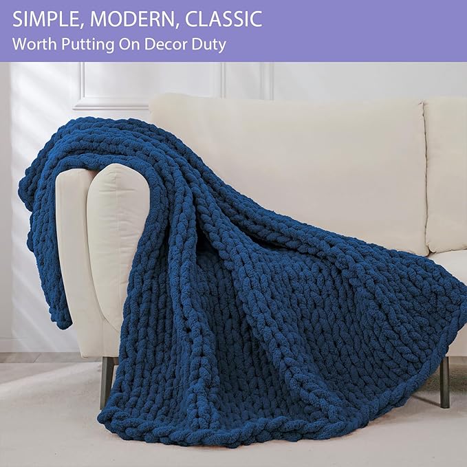 Bigacogo Chunky Knit Throw Blanket for Couch, 60x80 inches, 100% Hand Knitted with Thick Jumbo Chenille Yarn, Cozy Soft Large Rope Knot Cable Crochet Blankets for Sofa Bed Living Room, Navy Blue