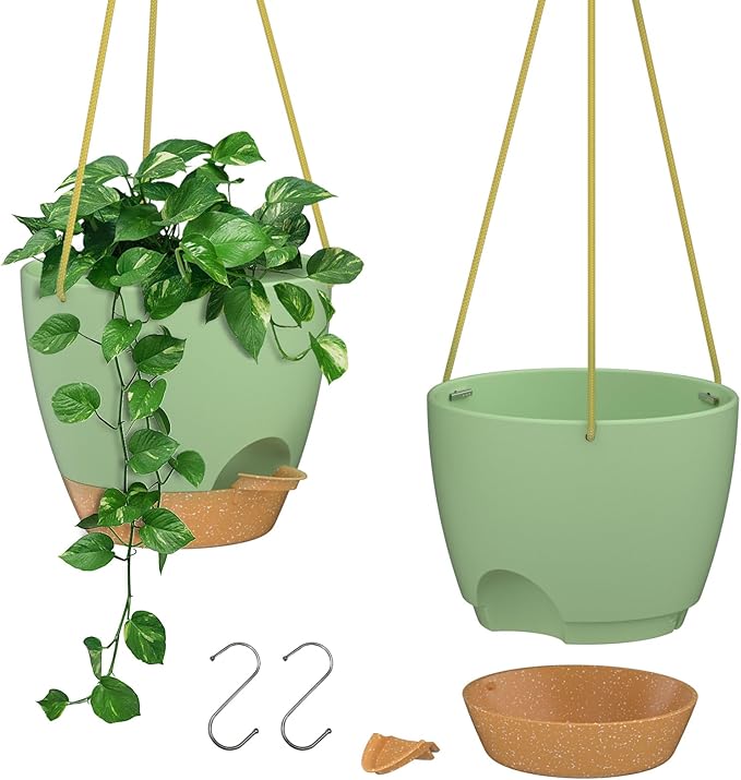 ZMTECH 10 Inch Hanging Planters for Indoor Outdoor Plants, 2 Pack Self Watering Hanging Plant Pots with Drainage Holes and Removable Saucer, Plastic Flower Hanging Pots with Watering Lip (Green)