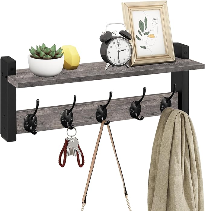 Homode Wall Hooks with Shelf, Coat Rack Wall Mount, Entryway Shelf with Hooks for Clothes, Backpack, Key, Purse - Rustic Grey