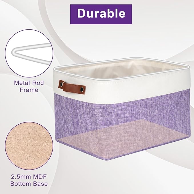 Storage Bins Large Fabric Storage Baskets for Shelves 3 Pack, Decorative Linen Closet Baskets with Handles for Organizing, Shelf, Clothes, Home, Office, 15x11x9.5Inches (Purple&White)