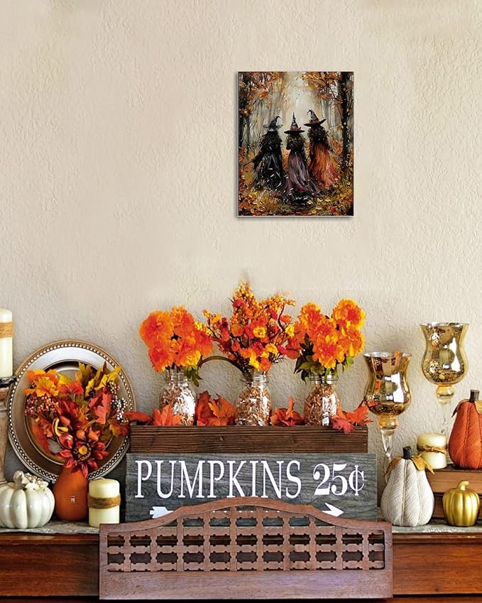 Halloween Canvas Wall Art, Vintage Three Witches Poster, Gothic Dark Academia Wall Decor, Spooky Halloween Decor for Living Room, Bedroom & Bathroom, Framed Fall Decorations Indoor