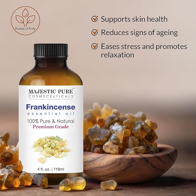 Majestic Pure Frankincense Essential Oil with Glass Dropper - Huge 4 Fl Oz - 100% Pure and Natural Frankincense Oil - Premium Grade Essential Oils for Diffuser, Aromatherapy, Soap and Candle Making