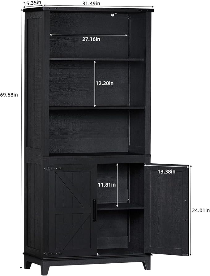70in Tall Bookshelf 5 Tier Bookcase with Barn Doors and Adjustable Shelves, Black Farmhouse Book Shelf with Storage Cabinet, Wood Freestanding Display Bookshelves for Bedroom, Living Room