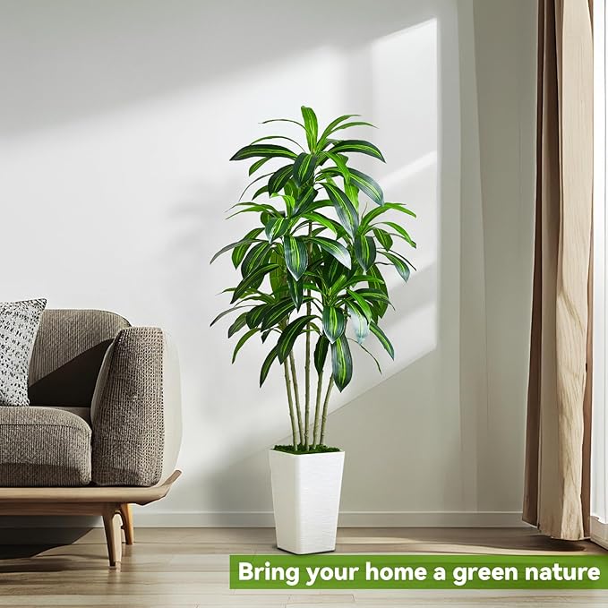 Artificial Dracaena Tree Artificial Silk Tree Faux Tree with White Tall Planter Fake Tropical Yucca Floor Plant (1, White Tall Planter, 6 FT)