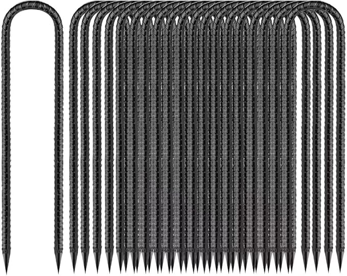 Rebar-Stakes-12-Inch, Ground Stakes Heavy Duty U-Hook Black Coated Anti-Rust Heavy Duty Ground Anchors for Garden Dog Fence Chicken Coop Christmas Decorations Deer Fence 20pcs