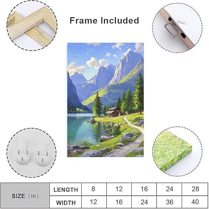 Landscape wall painting of mountain forest lakeside cabin under blue sky and white clouds natural oil painting poster suitable for living room bedroom office