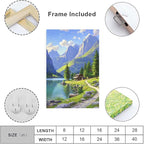 Landscape wall painting of mountain forest lakeside cabin under blue sky and white clouds natural oil painting poster suitable for living room bedroom office